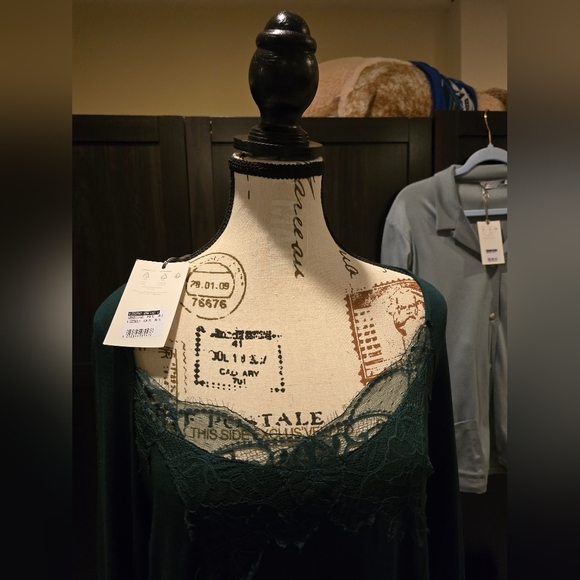 Frette 2024 Fall Nightgown Lingerie New w/Tags Emerald Green W/ Pretty Lace Neck - Picture 6 of 12